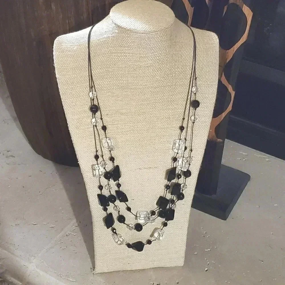 Handcrafted Knotted 3-Strand Black and Clear Vintage Glass Beads Necklace
